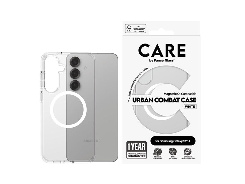 CARE by PanzerGlass Flagship Case Transparent Urban Combat w. White QI Compatible Samsung Galaxy S25
