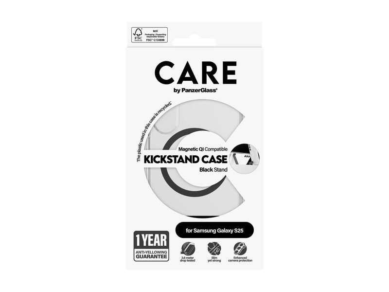CARE by PanzerGlass Feature Case Transparent w. Black Kickstand & QI Compatible Samsung Galaxy S25