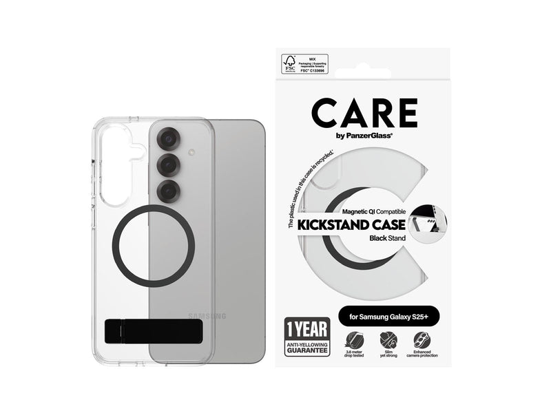 CARE by PanzerGlass Feature Case Transparent w. Black Kickstand & QI Compatible Samsung Galaxy S25