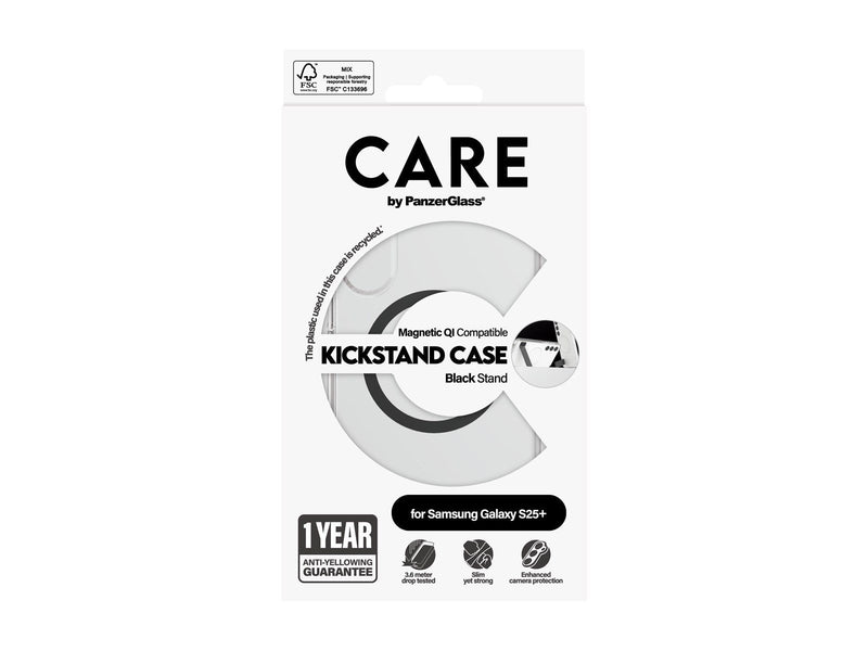 CARE by PanzerGlass Feature Case Transparent w. Black Kickstand & QI Compatible Samsung Galaxy S25