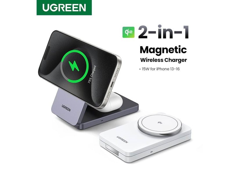 UGREEN Qi2 15w 2-In-1 Wireless Charger Magsafe Fast Charging Station Grey