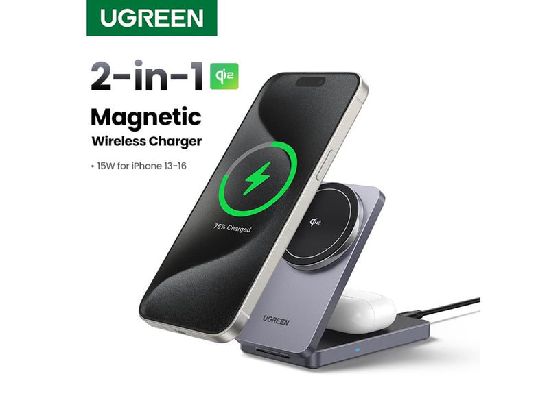 UGREEN Qi2 15w 2-In-1 Wireless Charger Magsafe Fast Charging Station Grey