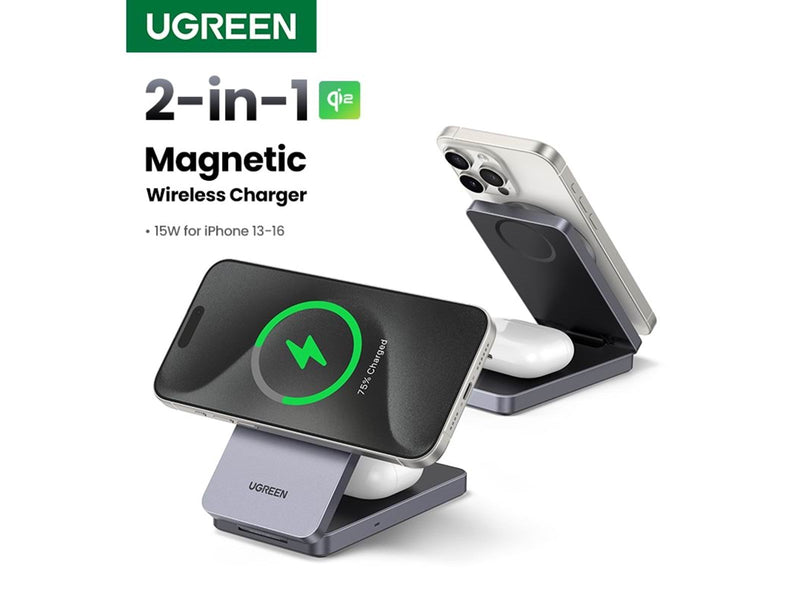 UGREEN Qi2 15w 2-In-1 Wireless Charger Magsafe Fast Charging Station Grey