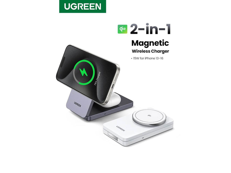 UGREEN Qi2 15w 2-In-1 Wireless Charger Magsafe Fast Charging Station Grey