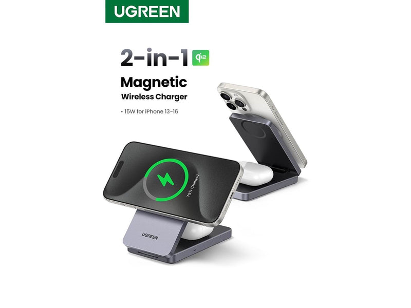 UGREEN Qi2 15w 2-In-1 Wireless Charger Magsafe Fast Charging Station Grey