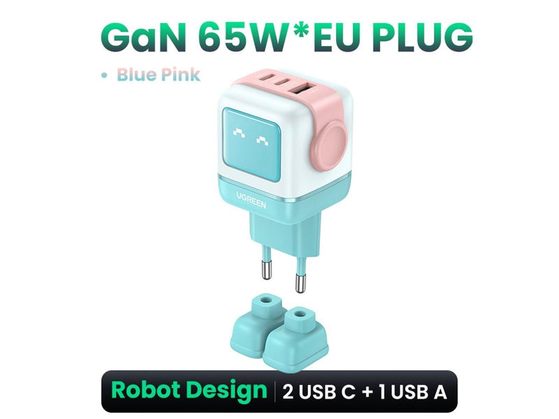 UGREEN Uno Rg 65w 3-Port Gan Fast Charger Pink Blue Eu