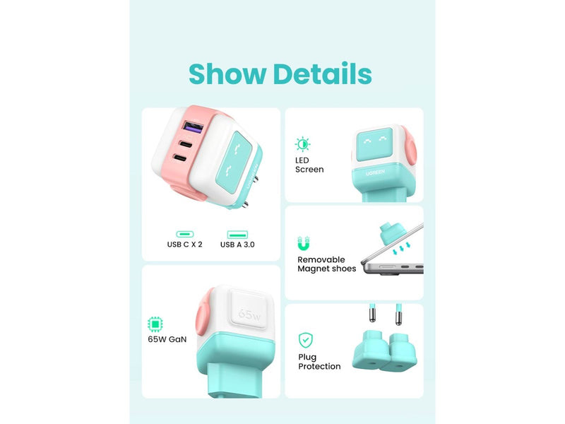 UGREEN Uno Rg 65w 3-Port Gan Fast Charger Pink Blue Eu