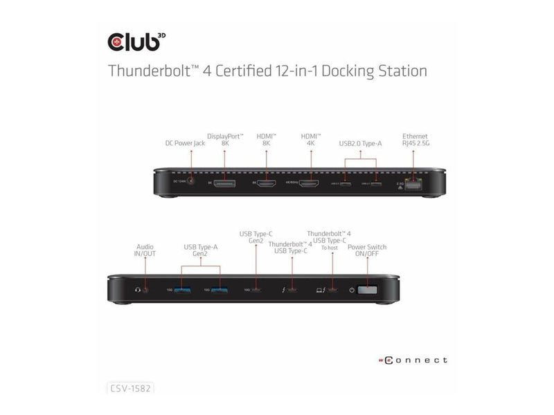 Club 3D 12-in-1 - docking station - USB-C / USB4 / Thunderbolt 3 / Thunderbolt 4 - 2 x HDMI DP Thunderbolt 4 - 2.5GbE