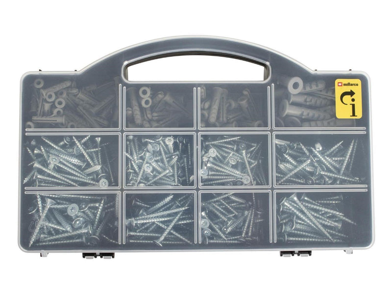 Homeit assortment box with 420 indoor wood screws and 105 nylon plugs.