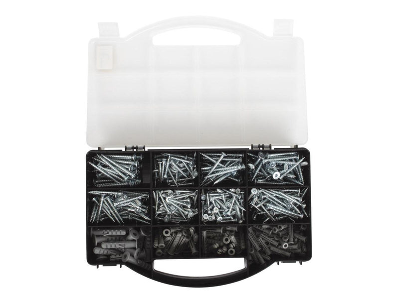 Homeit assortment box with 420 indoor wood screws and 105 nylon plugs.