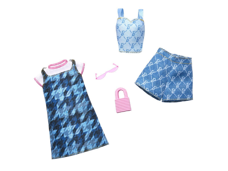 Barbie Fashion 2-Pack Blue Denim Dress Top And Shorts Pink Sunglasses And Purse