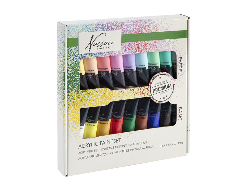 Nassau Paint acrylic 18 x 36 ml 9x bright/9x pastel