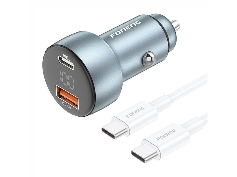 Foneng C18 1xUSB-A 1xUSB-C 2.4A 48W car charger (grey) + USB-C to USB-C cable