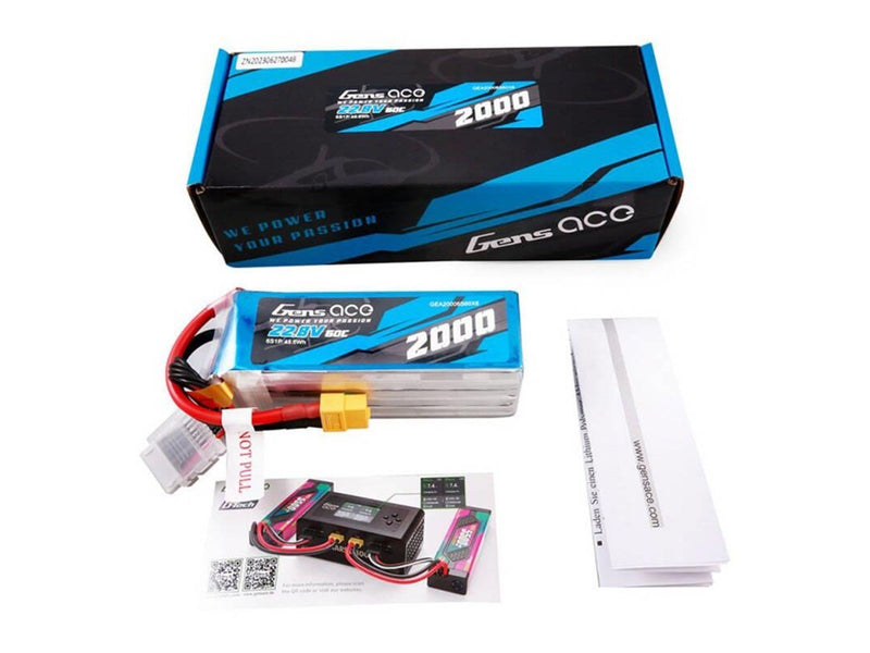 Gens ace &Tattu 2000mAh 22.8V 60C 6S1P High Voltage Lipo Battery Pack with XT60 Plug