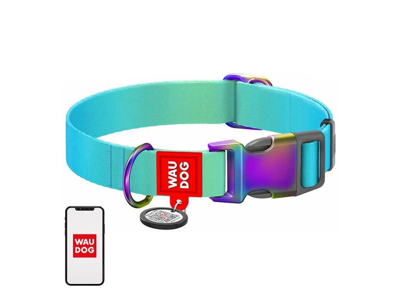 Waudog Nylon dog collar with QR code 15 mm wide 25-35 cm long blue