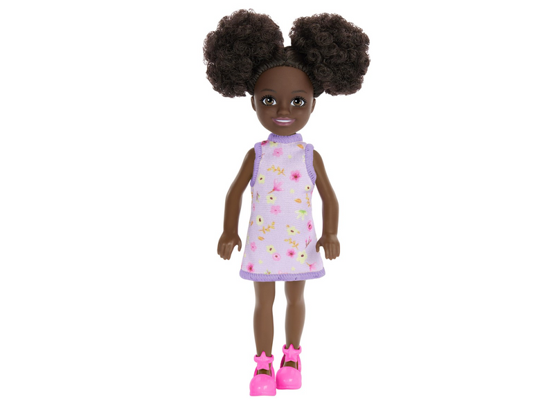 Barbie Chelsea Doll - Purple Floral Dress with Space Buns & Brown Eyes