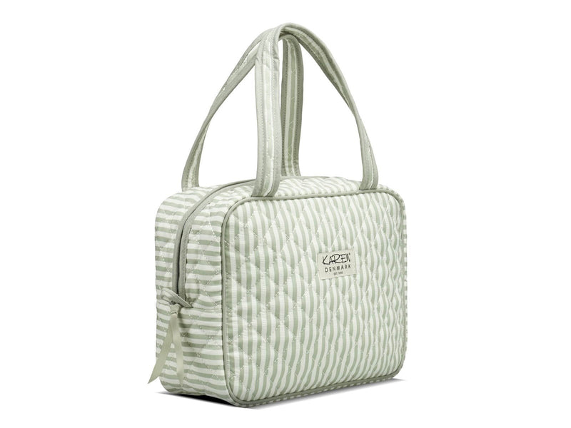 Karen Large toiletry bag with handle in green/white striped quilt