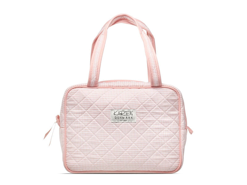 Karen Large toiletry bag with handle in pink checkered quilt