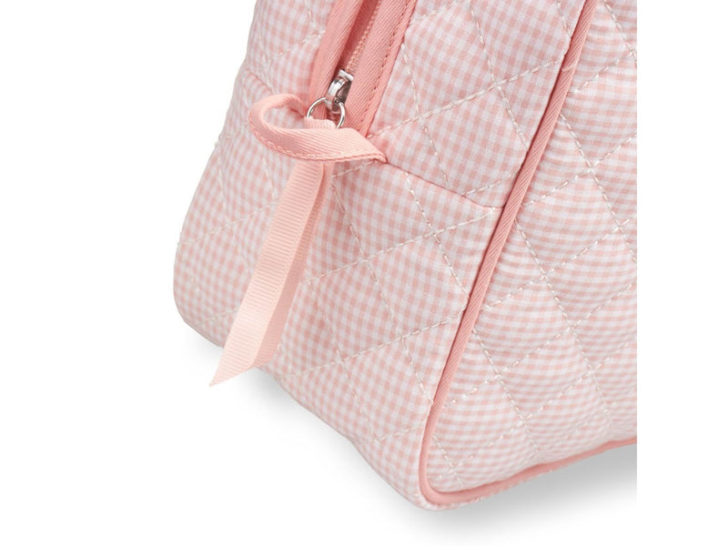 Karen Large toiletry bag with handle in pink checkered quilt