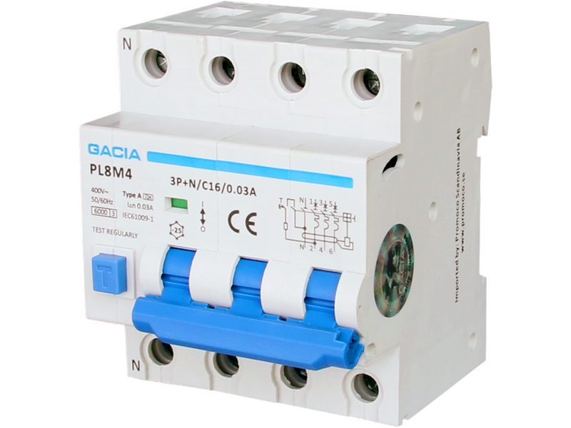 Gacia C25A RCBO combi circuit breaker 3P+N 30mA 6kA