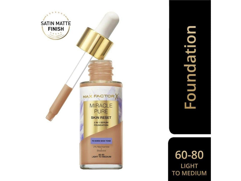 Max Factor Miracle Pure 2in1 Skin Reset Serum Foundation 60-80 Light to Medium