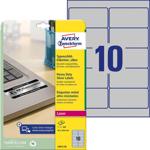AVERY Zweckform Typenschildetiketten L6012-20 silber 96,0 x 50,8 mm - 200 Stück