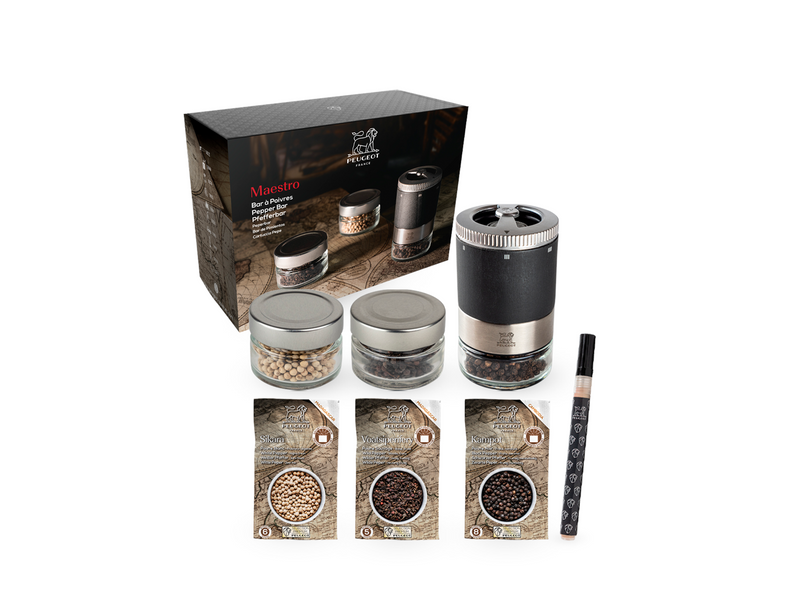 Peugeot Maestro gift box graphite + 3 glasses & 3 types of pepper