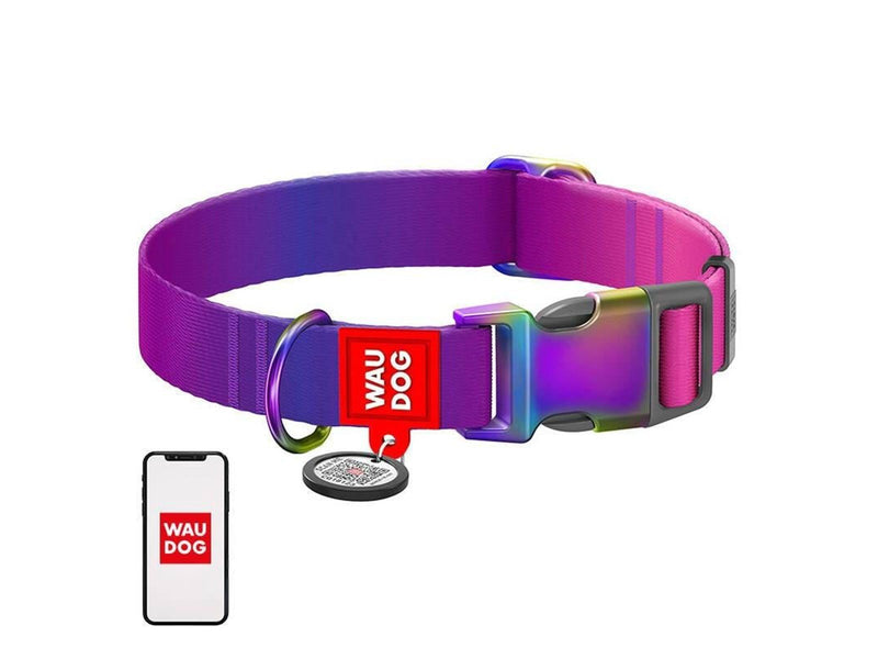 Waudog Nylon dog collar with QR code 15 mm wide 25-35 cm long purple