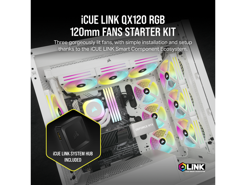 Corsair iCUE LINK QX120 RGB Starter Kit - White - Gehäuselüfter - 120mm - Weiß mit RGB-Beleuchtung - 37 dBA