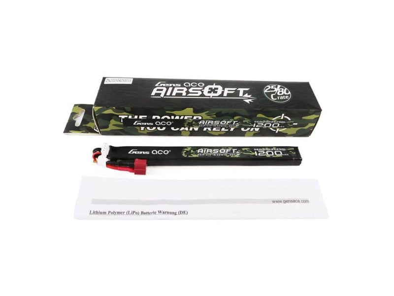 Gens ace &Tattu 1200mAh 25C 3S1P 11.1V Airsoft Gun Lipo Battery with T Plug (Long size)