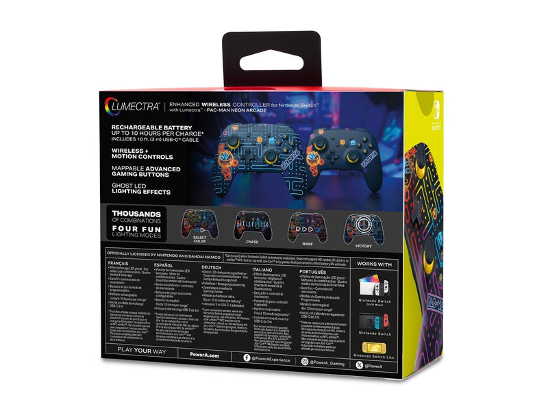 PowerA Verbesserter kabelloser Controller für Nintendo Switch mit Lumectra - PAC-MAN™ Neon Arcade - Wireless Controller - Ninten