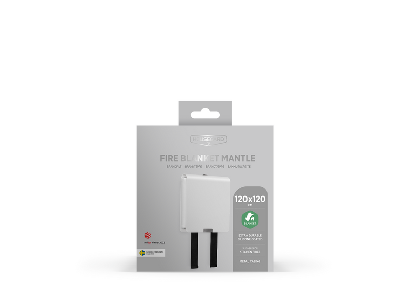 Housegard Mantle fire blanket with metal casing, 120x120 cm, white