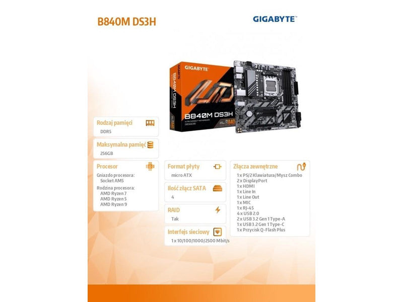 GIGABYTE B840M DS3H - motherboard - micro ATX - Socket AM5 - AMD B840 Mainboard - AMD B840 - AMD AM5 socket - DDR5 RAM - Micro-A