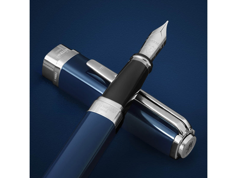 Waterman Exception Fountain Pen Blue Lacquer with Palladium trim 18K Gold Fine Nib Blue Ink Gift Box