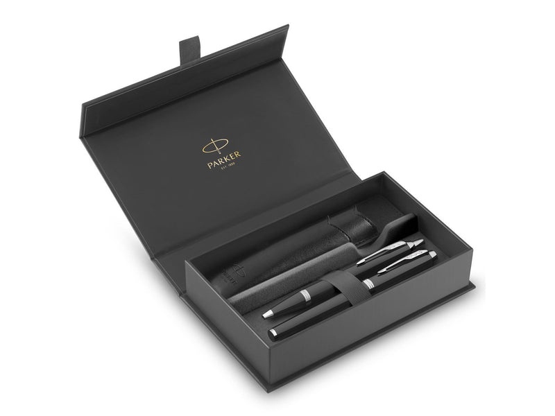 Parker IM Duo Pen Gift Set | Fountain Pen Ballpoint Pen & Pen Pouch | Black Lacquer Finish with Chrome Trims | Medium Tip
