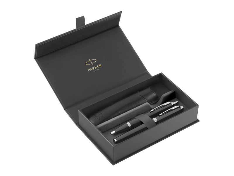 Parker IM Duo Pen Gift Set | Fountain Pen Ballpoint Pen & Pen Pouch | Black Lacquer Finish with Chrome Trims | Medium Tip