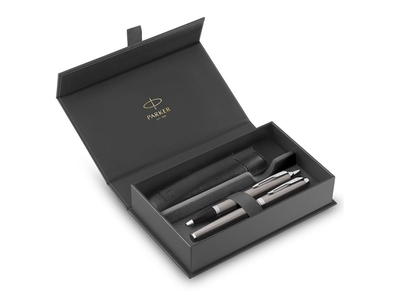 Parker IM Duo Pen Gift Set | Fountain Pen Ballpoint Pen & Pen Pouch | Stainless Steel Finish with Chrome Trims | Medium Tip