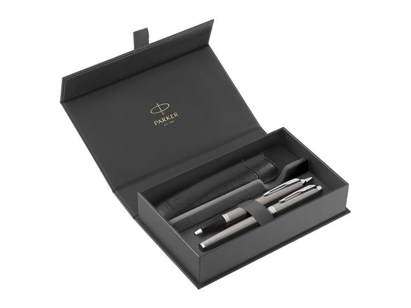 Parker IM Duo Pen Gift Set | Fountain Pen Ballpoint Pen & Pen Pouch | Stainless Steel Finish with Chrome Trims | Medium Tip