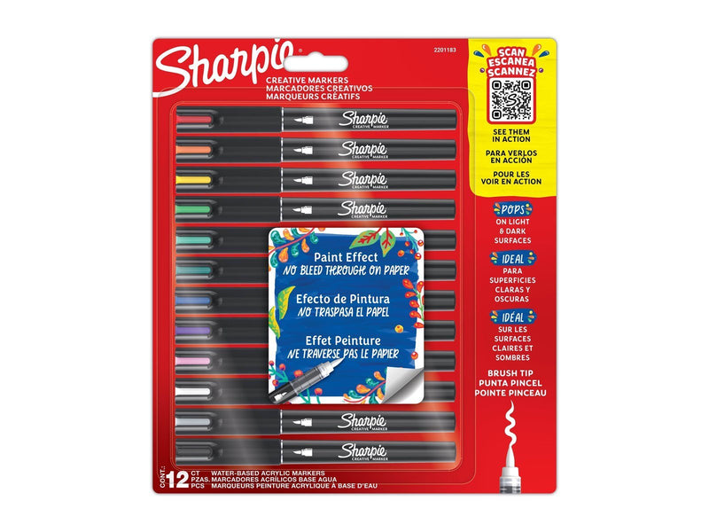 Sharpie Creative Marker Acrylic Paint Pens | Brush-Tip Water-Based Paint Markers | Assorted Colours | 12 Count
