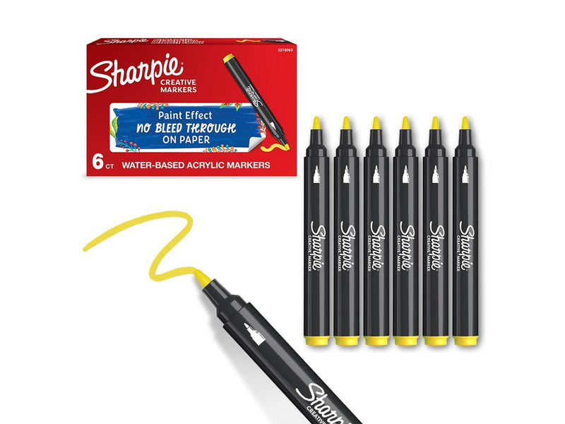 Sharpie Creative Marker Acrylic Paint Pens | Bullet Tip Water-Based Paint Markers | Yellow | 6 Count
