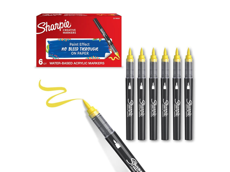 Sharpie Creative Marker Acrylic Paint Pens | Brush Tip Water-Based Paint Markers | Yellow | 6 Count