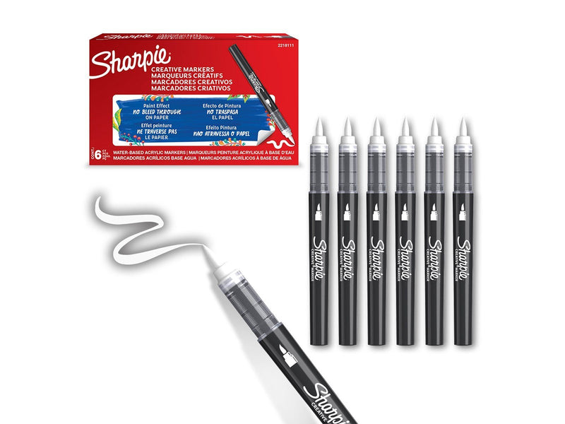 Sharpie Creative Marker Acrylic Paint Pens | Brush Tip Water-Based Paint Markers | White | 6 Count