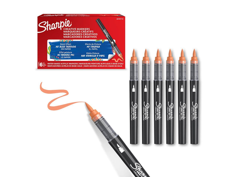 Sharpie Creative Marker Acrylic Paint Pens | Brush Tip Water-Based Paint Markers | Orange | 6 Count
