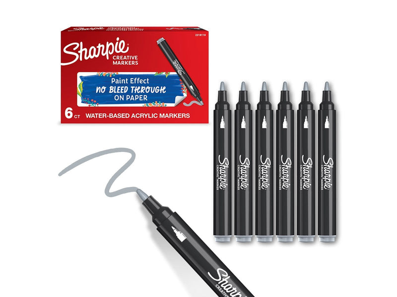 Sharpie Creative Marker Acrylic Paint Pens | Bullet Tip Water-Based Paint Markers | Cool Grey | 6 Count