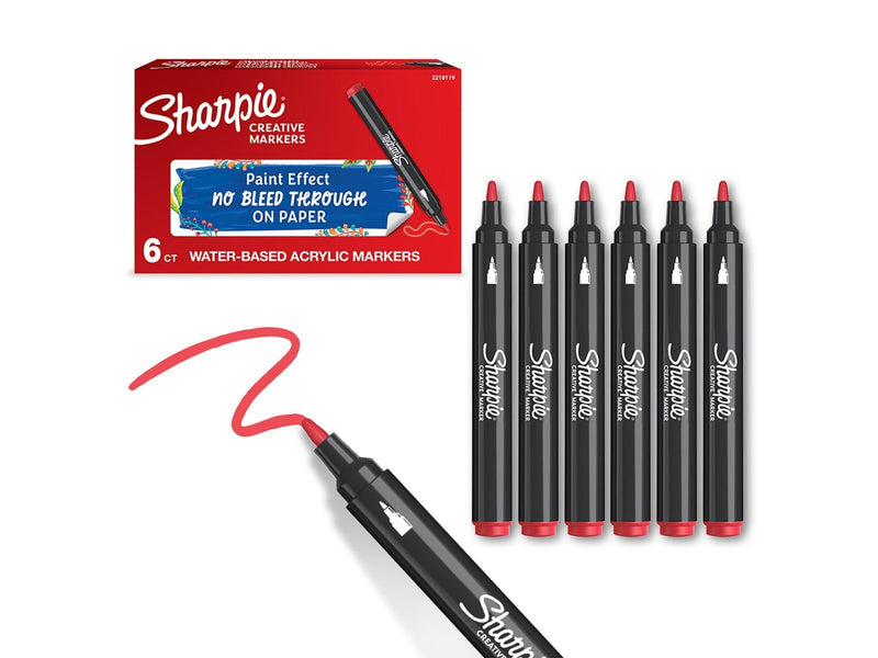 Sharpie Creative Marker Acrylic Paint Pens | Bullet Tip Water-Based Paint Markers | Red | 6 Count