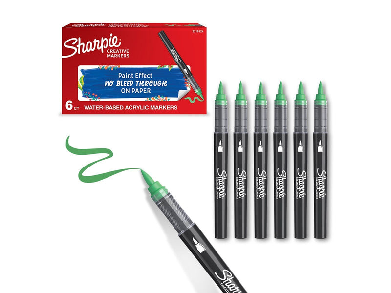 Sharpie Creative Marker Acrylic Paint Pens | Brush Tip Water-Based Paint Markers | Green | 6 Count