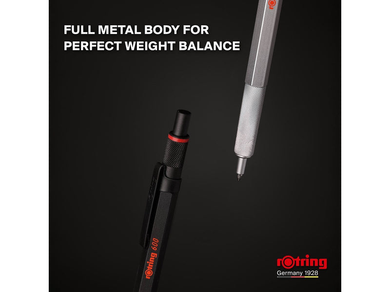 Rotring 600 Gel Pen | 0.55 mm | Black Ink | Black Metal Body Pen | Non-Slip Knurled Grip & Hexagonal Barrel | Refillable