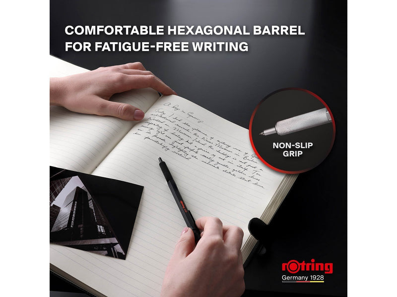 Rotring 600 Gel Pen | 0.55 mm | Black Ink | Silver Metal Body Pen | Non-Slip Knurled Grip & Hexagonal Barrel | Refillable