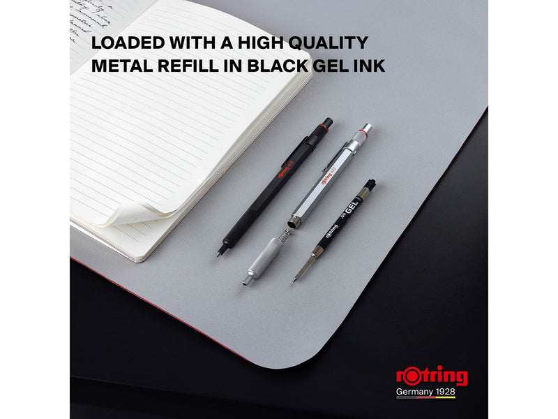 Rotring 600 Gel Pen | 0.55 mm | Black Ink | Silver Metal Body Pen | Non-Slip Knurled Grip & Hexagonal Barrel | Refillable