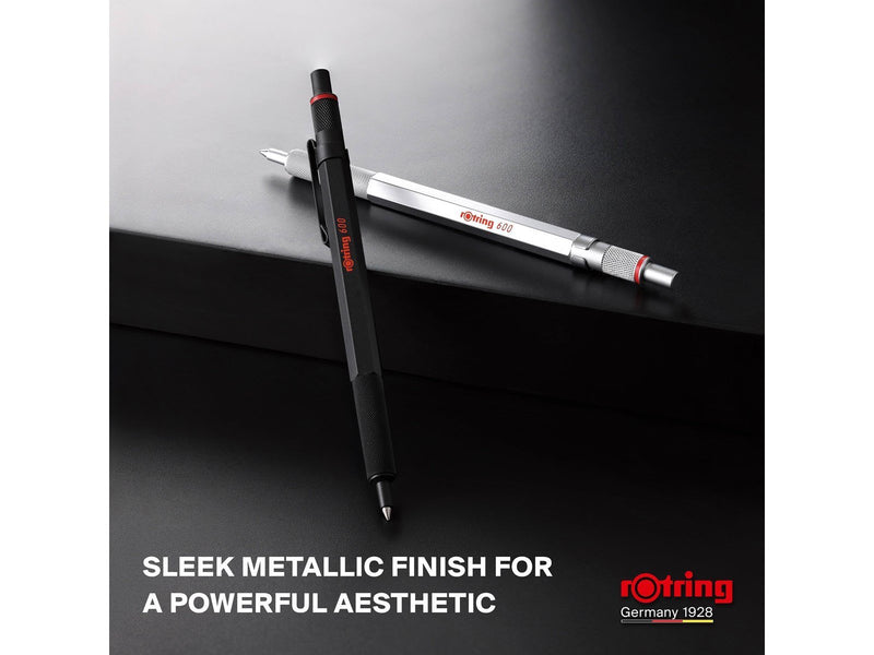 Rotring 600 Gel Pen | 0.55 mm | Black Ink | Silver Metal Body Pen | Non-Slip Knurled Grip & Hexagonal Barrel | Refillable